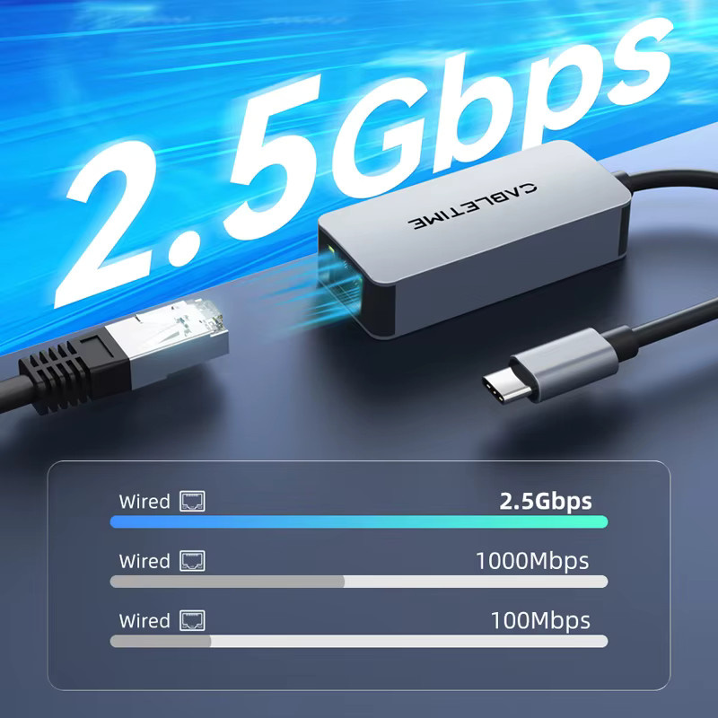 CABLETIME USB C Ethernet Adapter 2,5G 2500Mbps RJ45 LAN Netzwerkkarte mit USB-A und USB-C Anschluss in Grau - Bild 2