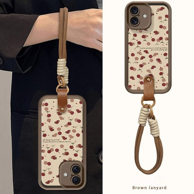 Yiran Rosenblumen Handyhülle mit Armband für iPhone 13 14 15 16 Pro Max Plus XR XS Silikon Lanyard Hülle in Grau - Bild 1