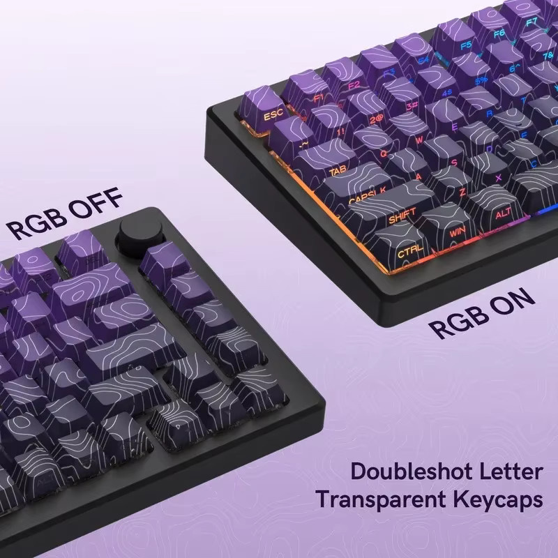 Violette Tastenkappen mit topografischem Seitendruck und Glanzeffekt, Kirschprofil, Double Shot Dye Sub PBT für MX Switches, Farbe: Violett/Weiß - Bild 4