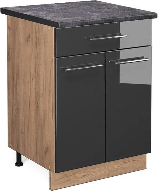 Vicco Küchenunterschrank Fame-Line Anthrazit Hochglanz und Goldkraft Eiche mit Schublade, Breite: 60 cm, Höhe: 82 cm, Tiefe: 59 cm - Bild 1