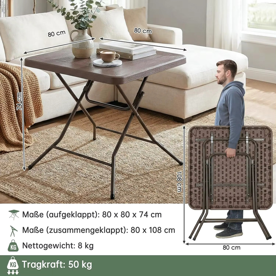 Homfa Klapptisch rund aus HDPE-Kunststoff für Innen und Außen, höhenverstellbar, Schwarz oder Braun, Breite: 80 cm - Bild 2