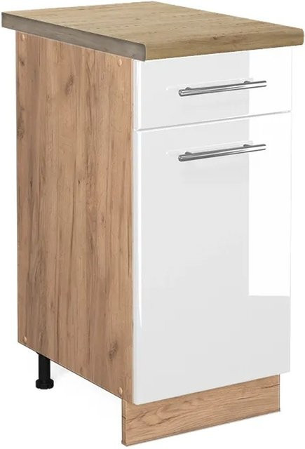 Vicco Küchenunterschrank Fame-Line Weiß Hochglanz und Eiche mit Soft-Close-Türen und Schubladen B: 40 cm, H: 82 cm, T: 60 cm - Bild 1