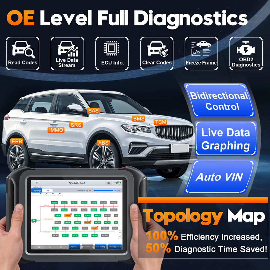 XTOOL D9S Autodiagnosetool in Schwarz mit ECU-Codierung, 45+ Resets, Schlüsselprogrammierung, FCA AutoAuth, DOIP und CANFD sowie Topologie-Funktion - Bild 3
