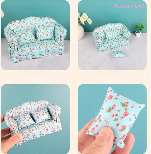 DIAPER&CORED Puppenhaus-Doppelsofa mit Kissen-Set, Puppenhausmöbel, 1-teiliges Set - Bild 1