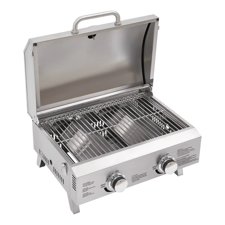 Tragbarer 2-Flammen Tischgasgrill aus Edelstahl in Silber mit Pizzastein und klappbaren Beinen - Bild 3