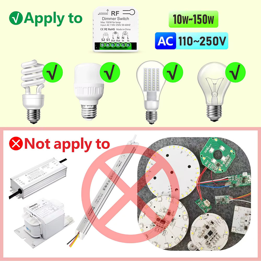 WenQia kabelloser 433 MHz LED-Dimmer in Weiß für LED-Birnen und Halogenlampen, 10–150 W, AC 230 V/220 V/110 V - Bild 2