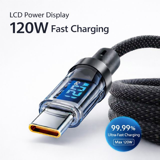 Lann USB-C zu USB-C Ladekabel mit LED-Anzeige, 120W Schnellladekabel für Xiaomi, Samsung und OnePlus, Schwarz - Bild 1