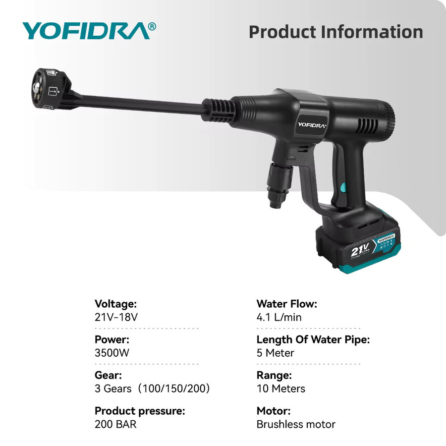 YOFIDRA Bürstenloser Hochdruckreiniger Elektrische Wasserpistole mit Eimer in Schwarz für Makita 21V Akku - Bild 4