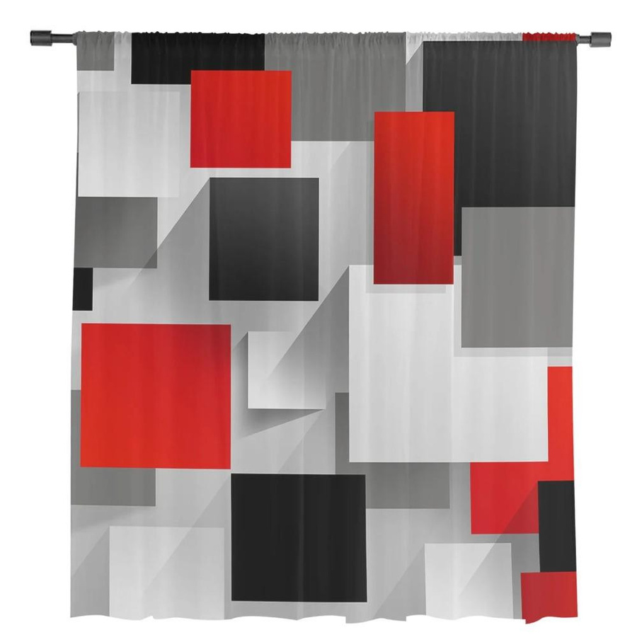 Yiran Furniture Transparente Voile-Vorhänge mit abstraktem geometrischem Muster in Rot, Schwarz und Grau, Breite: 135 cm, Höhe: 115 cm - Bild 1