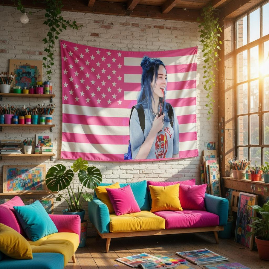 Wandteppich Billie Eilish Blaues Haar und Amerikanische Flagge von JMG Household Supplies in Blau, Rosa und Multicolour, B/H: 40 x 60 cm - Bild 2