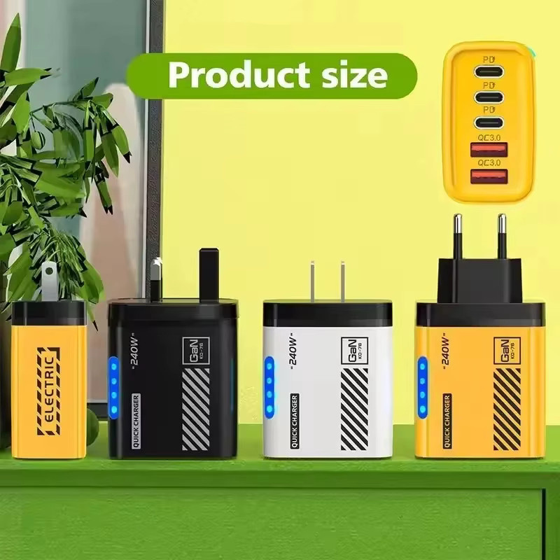 240W GaN Schnellladegerät mit 5 Ports, QC3.0 und PD, inklusive LED-Licht, passend für iPhone, Samsung, Huawei und Xiaomi (US/EU-Stecker) - Bild 2