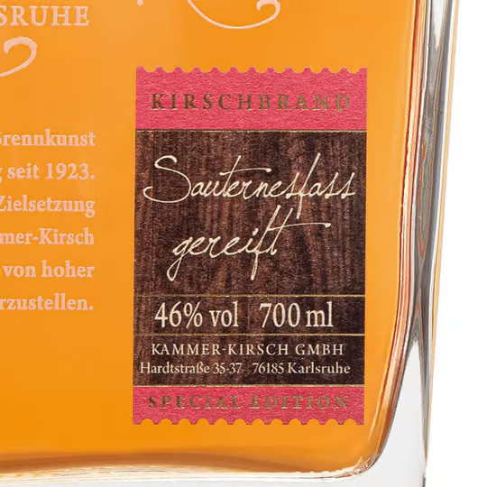 Destillerie Kammer-Kirsch, Kirschbrand, im Sauternes-Fass gereift, 0,7 l - Bild 2