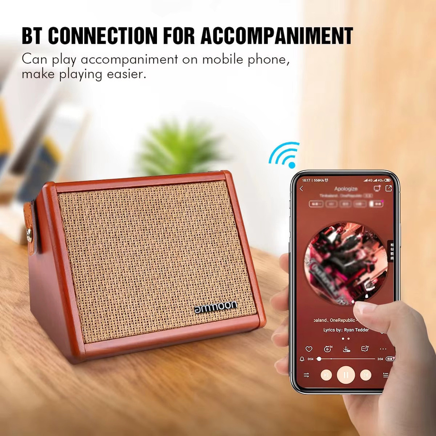 ammoon Akustikgitarren-Verstärker mit Bluetooth-Lautsprecher, Mikrofon-Eingang und Reverb-Effekt in Braun - Bild 3