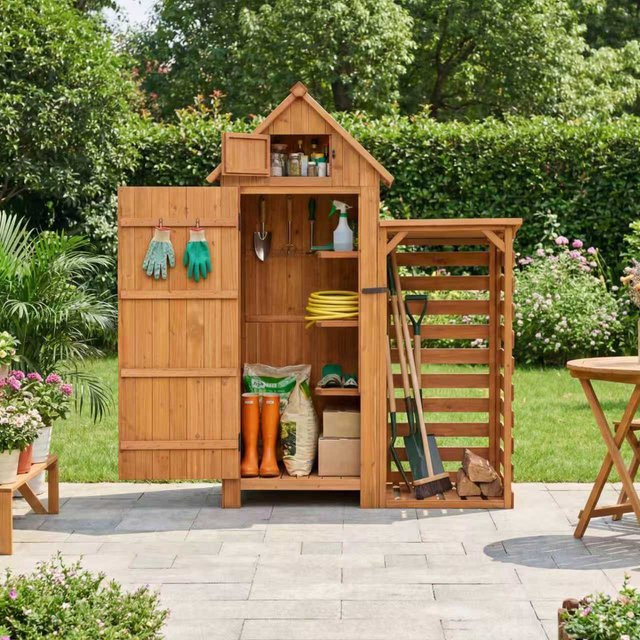 HOMAVO Gerätehaus aus Holz mit Kaminholzregal und Boden, Pultdach, Farbe: Sand/Braun, B/T/H: 131 x 54,3 x 179 cm - Bild 1