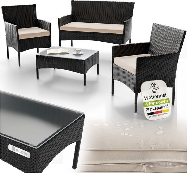 Juskys Polyrattan Gartenmöbel-Set Fort Myers in Schwarz mit Tisch, Sofa, 2 Stühlen und Auflagen in Cremeweiß - Bild 5
