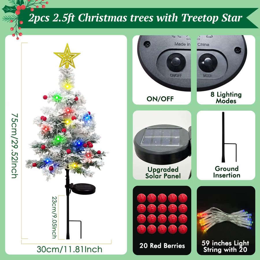 OurWarm 2 Stück Solar-Weihnachtsbaum für den Außenbereich, 29 Zoll beflockter Mini-Weihnachtsbaum mit 40 LEDs - Bild 3