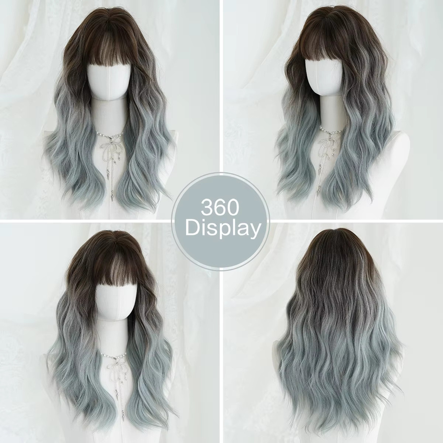 7JHH WIGS Perücke, schulterlange Wasserwellen, Braun-Ombre-Blau, Damen - Bild 3