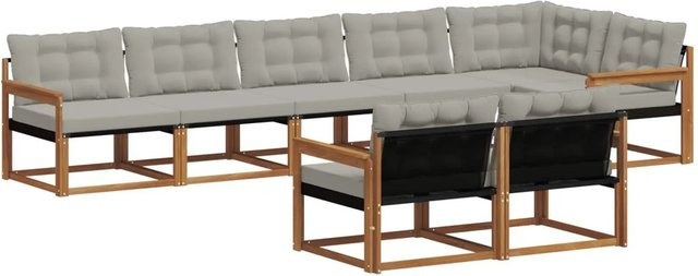 vidaXL Outdoor-Sofagarnitur 8-tlg. in L-Form aus Akazienholz mit Kissen und Textilene, Beige und Grau - Bild 1