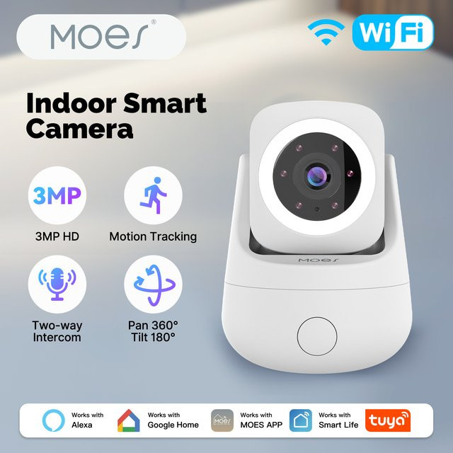 MOES Tuya WiFi Smart Indoor Kamera, 3 MP HD, 360 Grad Pan und 180 Grad Neigung, kompatibel mit Alexa und Google Home, Weiß - Bild 1