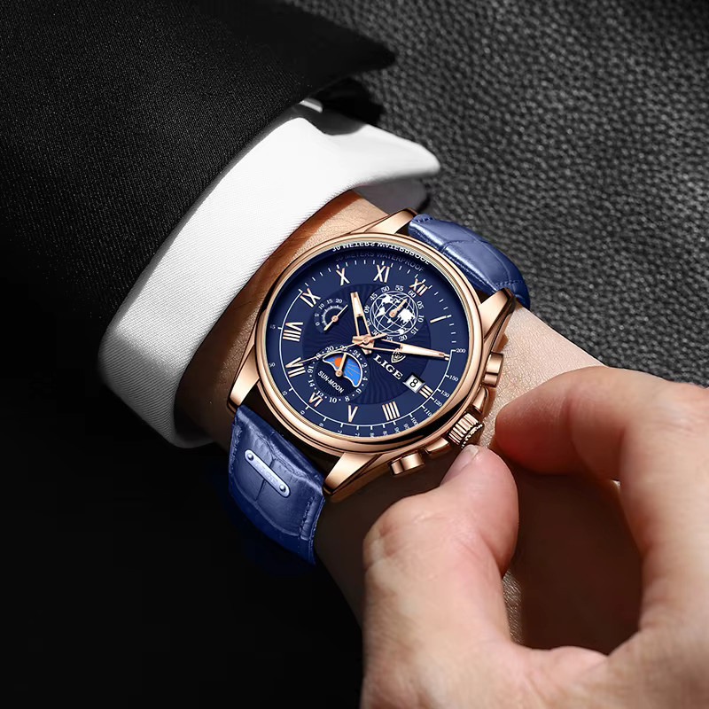LIGE Armbanduhr Chronograph, Quarz, Edelstahl, Blau, Herren - Bild 5
