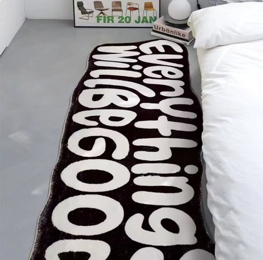 VIKAMA Streifen-Teppich in Schwarz-Weiß mit Buchstaben-Design aus Kaschmirimitat für Schlafzimmer und Flur, Breite: 120 cm - Bild 2