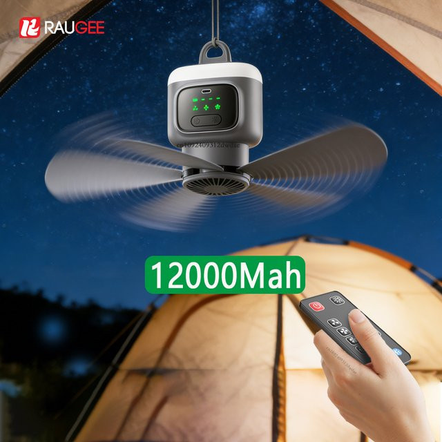 Tragbarer Deckenventilator von ragee in Grau mit LED-Licht, Fernbedienung und 12000 mAh Akku, kabelloser USB-Aufladeventilator für Camping und Zelt - Bild 1