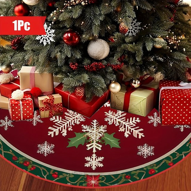 VIKAMA Weihnachtsbaumrock aus weichem Plüsch in Rot und Weiß mit floralem Design - Bild 1