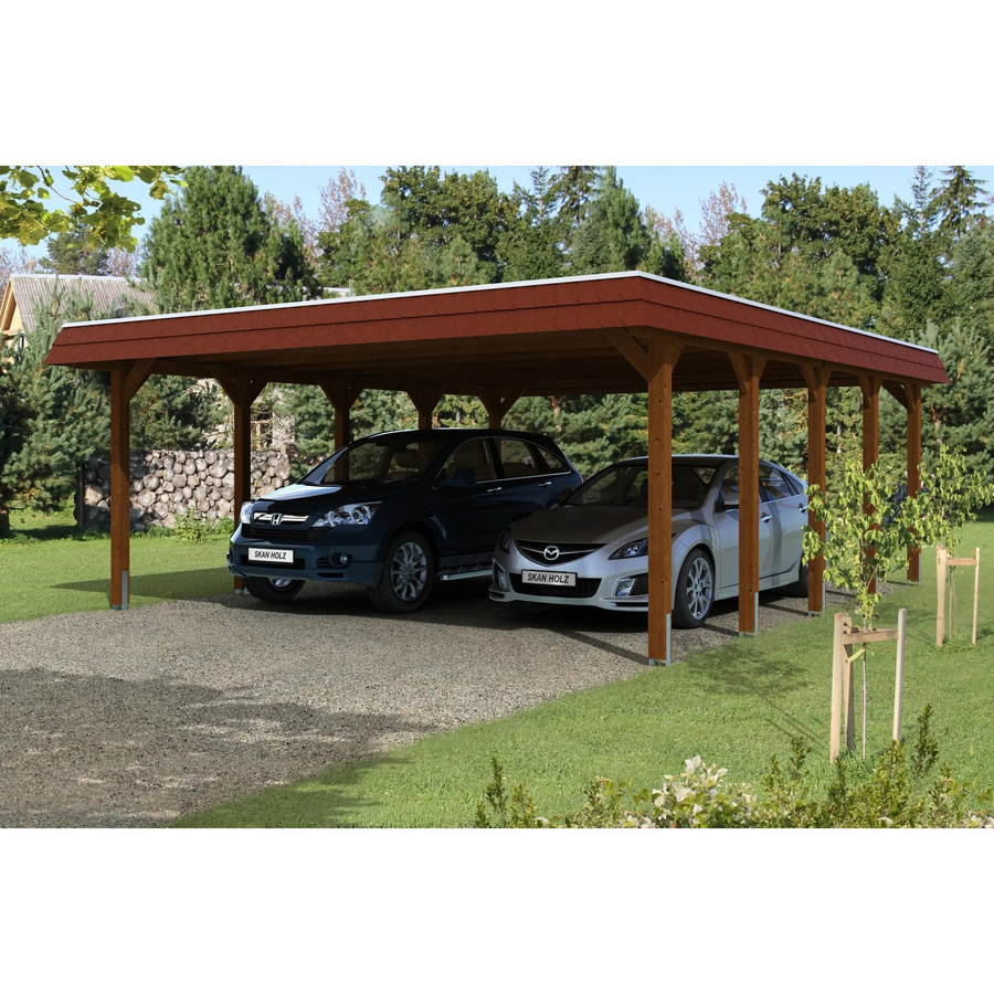 Skan Holz Carport Spreewald aus Nadelholz mit roter Blende in Nussbaum, B/T: 585 x 741 cm - Bild 2