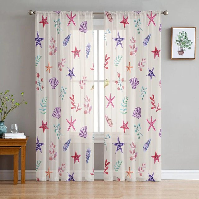 Transparente Tüll-Gardine von A Family Of Home Textiles mit Blumen, Laub, Muscheln und Seesternen in Weiß, Breite: 135 cm, Höhe: 114 cm - Bild 1