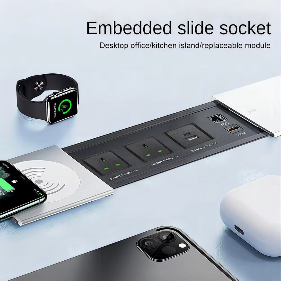 MANLEIKE Tischsteckdose mit Schiebeabdeckung in Schwarz inklusive kabelloser Aufladung, USB, Typ-C, Netzwerk und HDMI - Bild 5