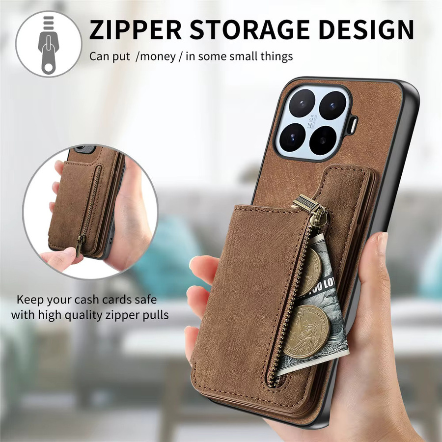 Luxus Lederhülle für Xiaomi 17T Pro 5G mit Reißverschluss-Brieftasche und Kartenhalter als magnetische Flip-Abdeckung in Grün oder Braun - Bild 3