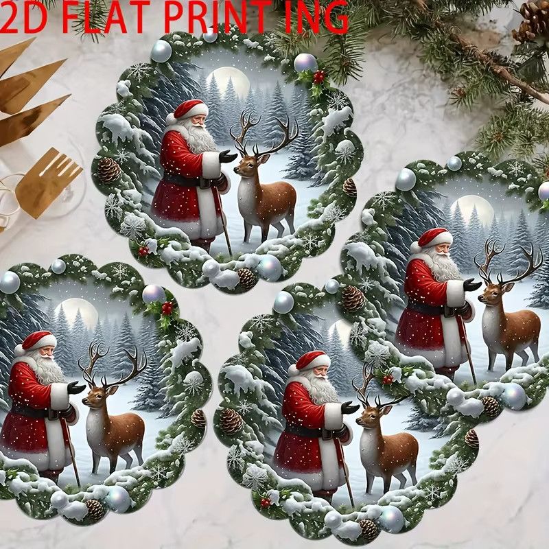 VIKAMA Weihnachts-Tischsets mit gewellten Kanten in Rundform mit Weihnachtsmann und Schneeszene für deine Weihnachtsdekoration - Bild 4