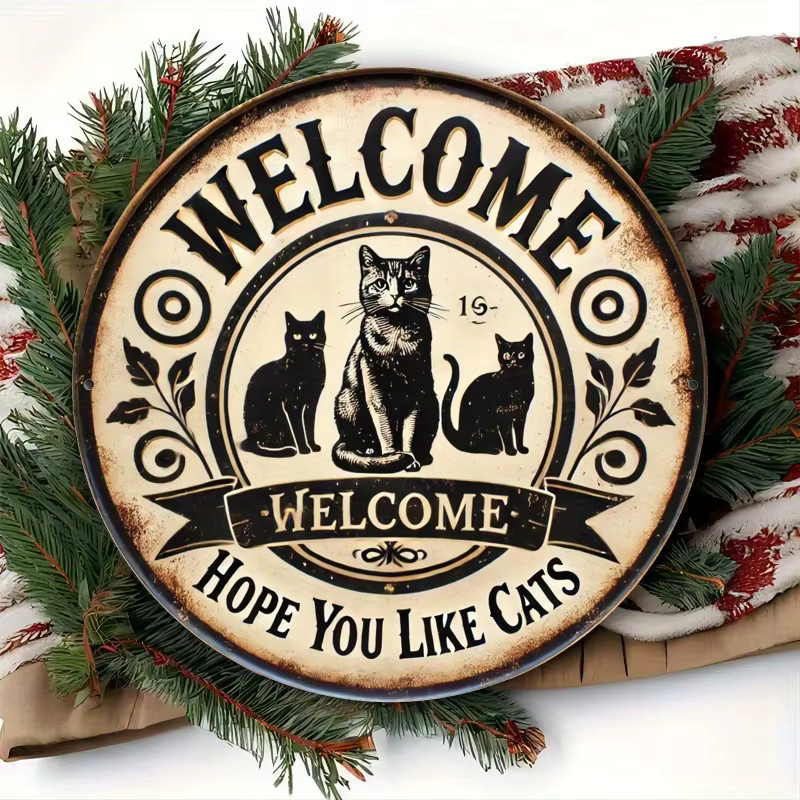 Potdemiel Metallwandschild Welcome Hope You Like Cats Rund, Vintage Schwarz, Durchmesser: 19,81 cm - Bild 4