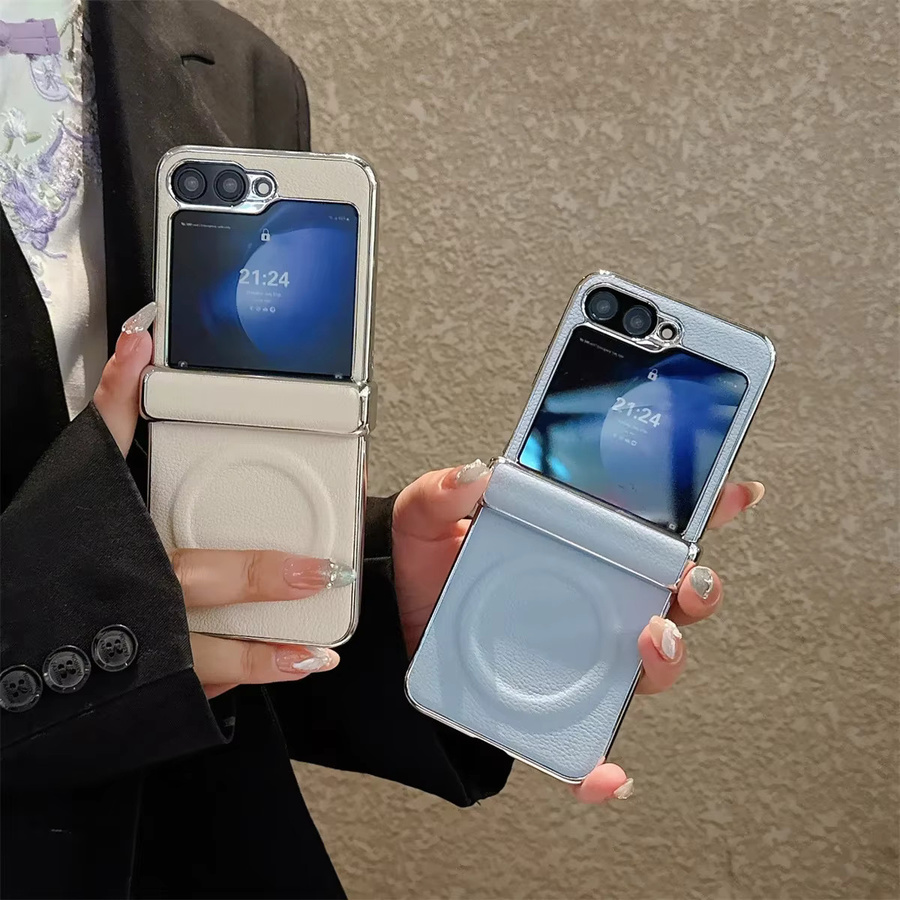 Magnetische Leder-Handyhülle für Samsung Galaxy Z Flip 7, FE 6, 5, 4, 3 in Weiß mit Beschichtungsscharnier und Unterstützung für kabelloses Laden - Bild 2