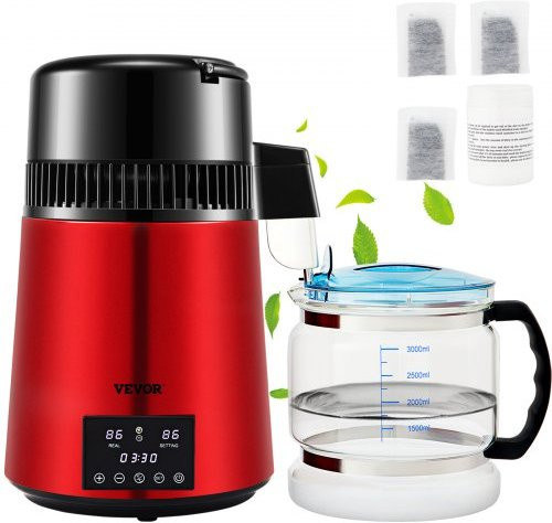 VEVOR Wasser Destillierer aus Edelstahl und Borosilikatglas in Rot, 750 W mit 1 L/Std. Ausbeute und 4 L Fassungsvermögen - Bild 1