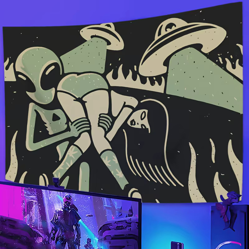 VIKAMA Alien Wandteppich Illustration in Grün als skurriler Wandbehang für dein Wohnzimmer oder Schlafzimmer - Bild 3