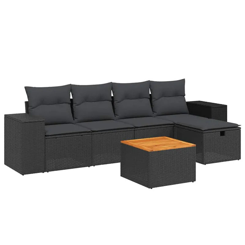 vidaXL 6-tlg Garten-Sofagarnitur aus Poly-Rattan und Akazienholz in Schwarz mit Kissen Modell 166 - Bild 3