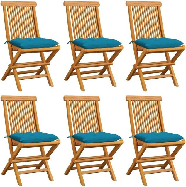 vidaXL Gartenstuhl-Set aus Teak-Massivholz mit hellblauen Kissen, 6 Stück, Braun - Bild 1