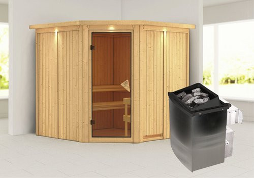 Karibu Sauna Vöru für 4 Personen in Beige inklusive 9 kW Saunaofen mit integrierter Steuerung, B/T/H: 210 x 202 x 210 cm - Bild 1