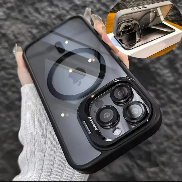 Magnetische stoßfeste Handyhülle mit Glaslinsenschutz und MagSafe Funktion für Apple iPhone 16, 15 und 14 Pro Max in Grau - Bild 1
