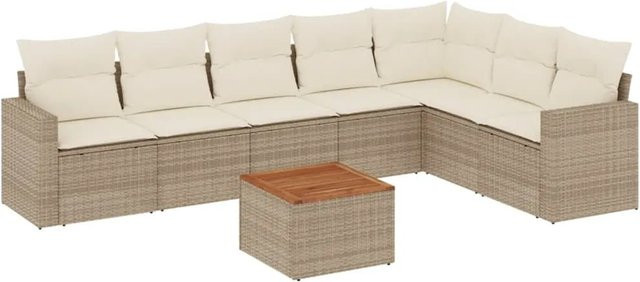 vidaXL 8-teilige Garten-Sofagarnitur in L-Form aus Poly-Rattan und Akazienholz mit Kissen in Beige-Creme - Bild 1