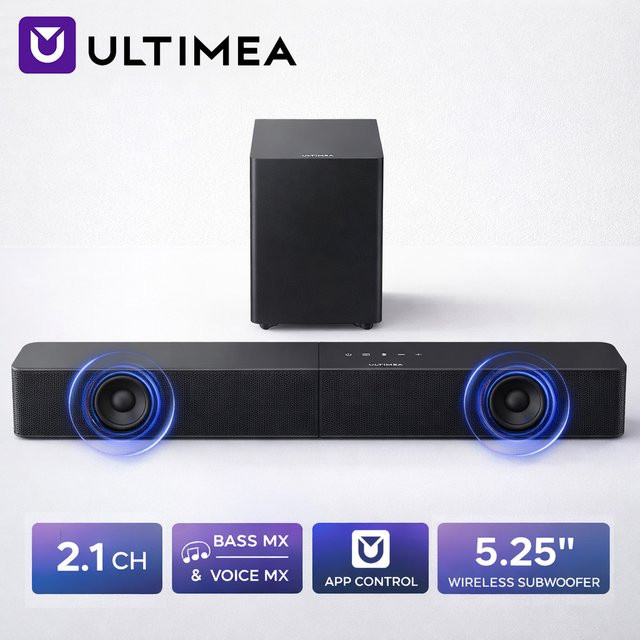 ULTIMEA 2.1-Kanal Soundbar Heimkinosystem in Schwarz mit 240W Leistung, kabellosem 5,25-Zoll Subwoofer, App-Steuerung, BassMX und VoiceMX für Smart TV - Bild 1