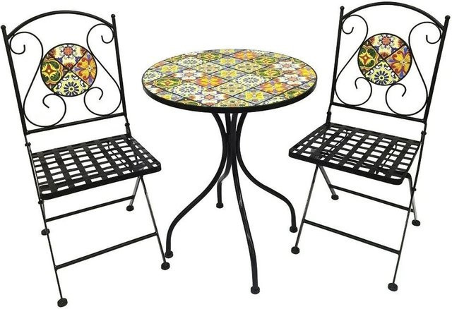 Lex 3-teiliges Mosaik Gartenset aus Eisen und Keramik in Schwarz und Multicolour, klappbares Bistro Set Sitzgruppe - Bild 1
