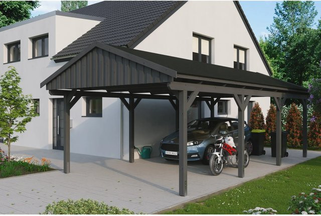 Skan Holz Carport Fichtelberg aus Fichten-Leimholz in Grau mit spitzer Dachform und Dachschindeln, B: 423 cm, T: 808 cm, H: 326 cm - Bild 1