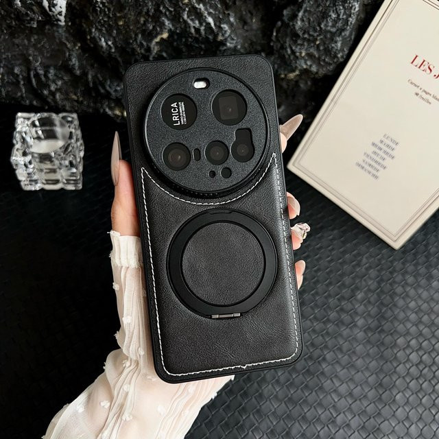 Magnetische Schutzhülle mit Ledertextur und 360 Grad drehbarem Halter für Xiaomi Mi 15, 14, 13 Pro, 15 Ultra und 14 Pro in Schwarz - Bild 1