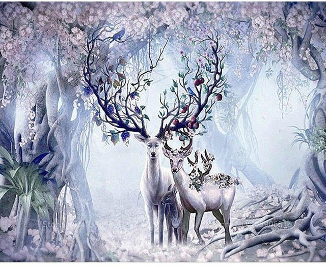 FIYO Diamond Painting Set Waldlandschaft mit Hirsch in Grau, B/H: 30 x 20 cm - Bild 1