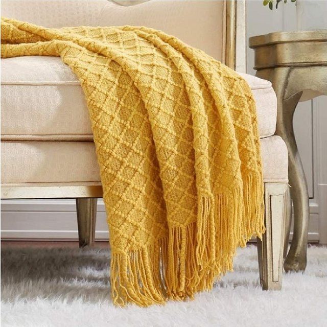 Inyahome Strickdecke aus Acryl in Gelb mit kariertem Design und Quasten - Bild 1