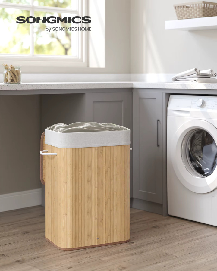 Songmics Wäschekorb aus Bambus mit Deckel und abnehmbarem Beutel, 72 l, Braun, faltbar - Bild 2