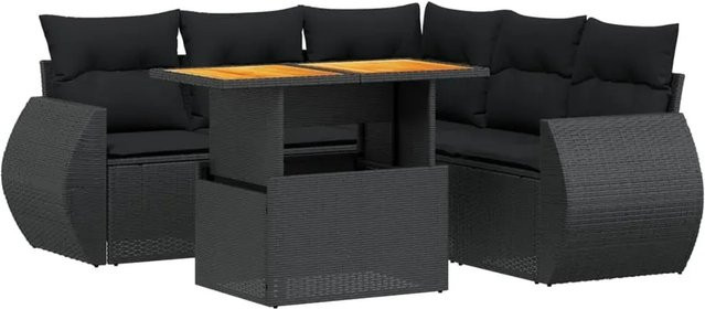 vidaXL 6-teilige Garten-Sofagarnitur in L-Form aus Polyrattan mit Kissen und Couchtisch, Schwarz - Bild 1