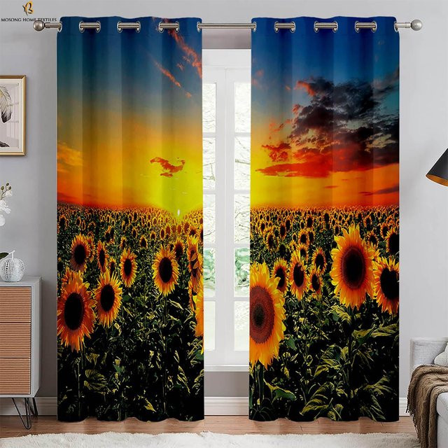 2er-Set dekorative Vorhänge mit floralem Sonnenblumendruck in Gelb, halbtransparent, Breite: 50 cm, Höhe: 130 cm - Bild 1